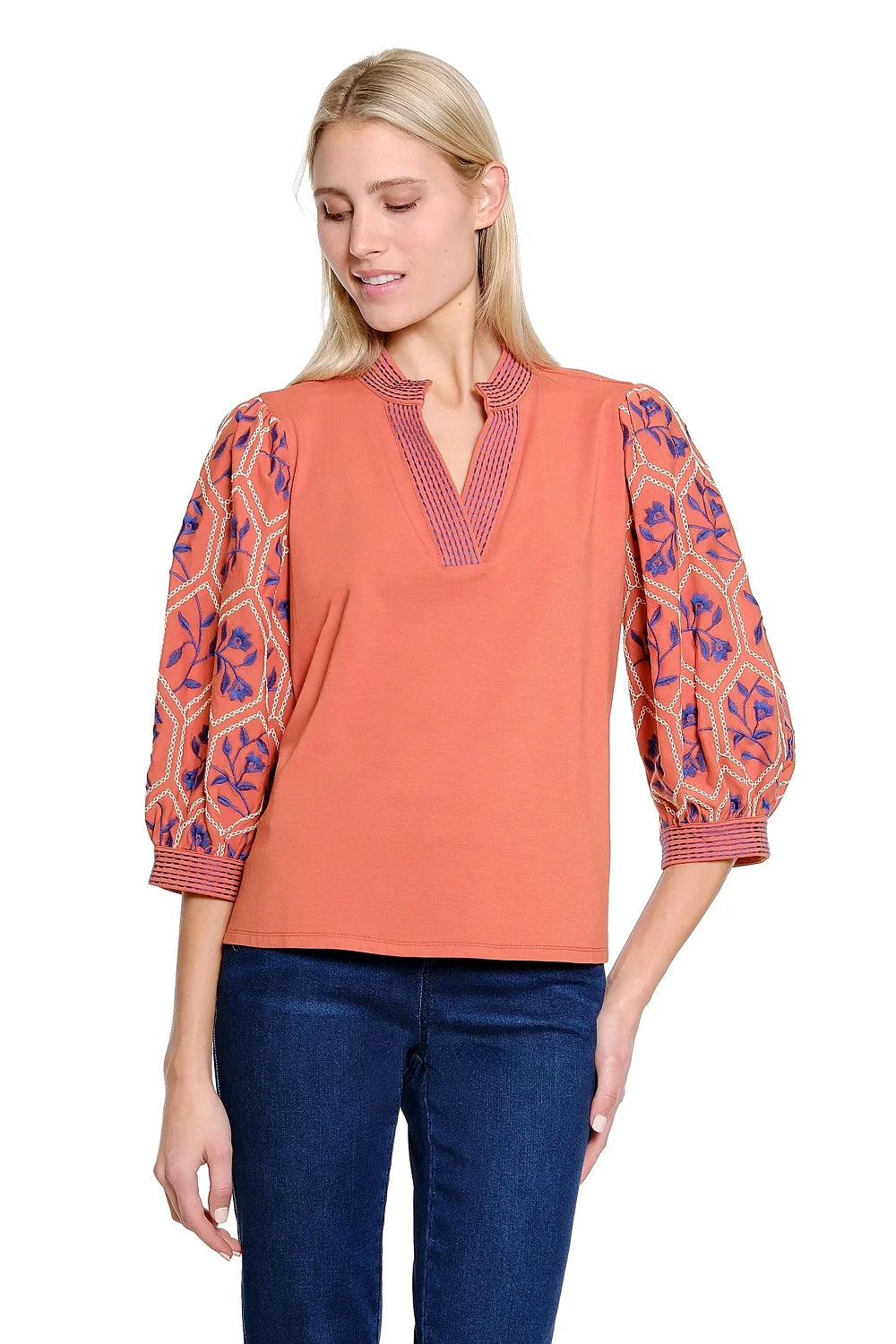 Tru Luxe Rust Embroidered Sleeve Top