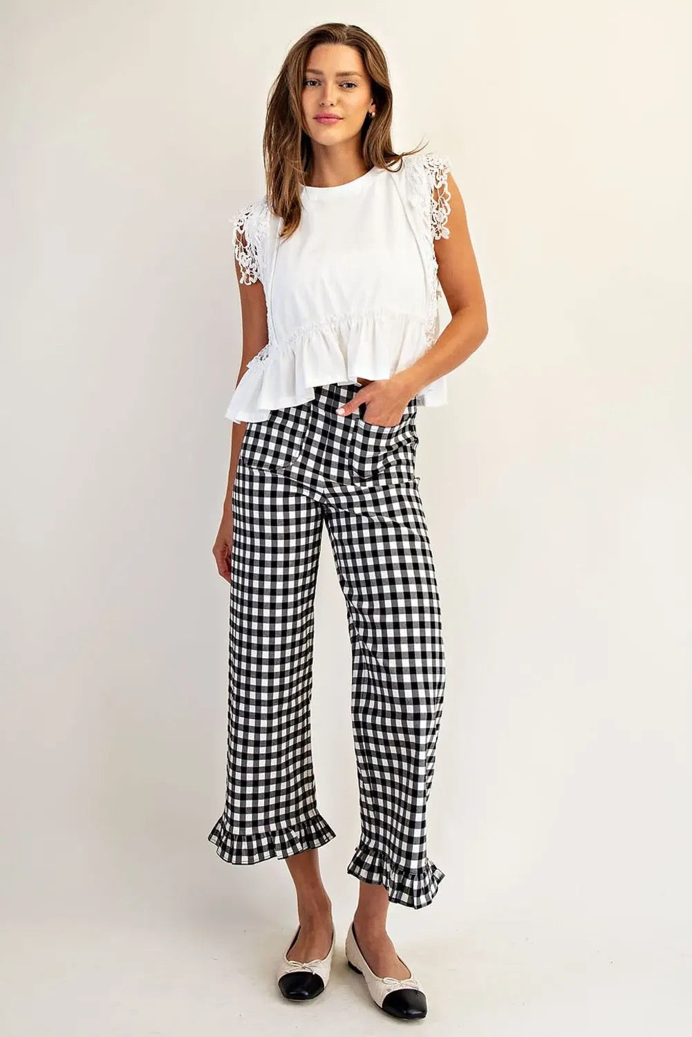 Gingham Ruffle Trim Cropped Straight Leg Pants