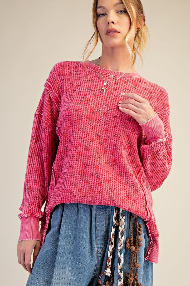Pink Thermal Relaxed Fit Pullover Top with flowers