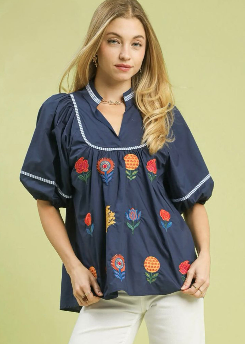 Navy Blouse with Embroidered Flowers