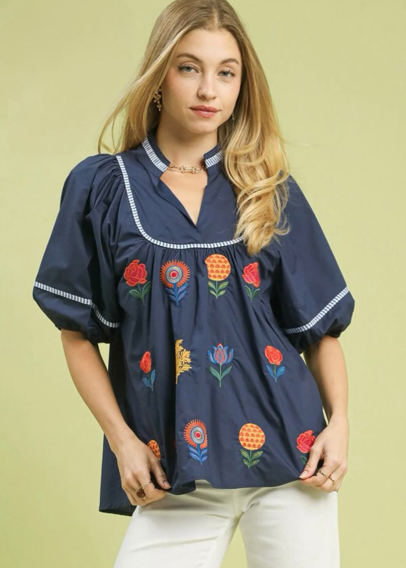 Navy Blouse with Embroidered Flowers