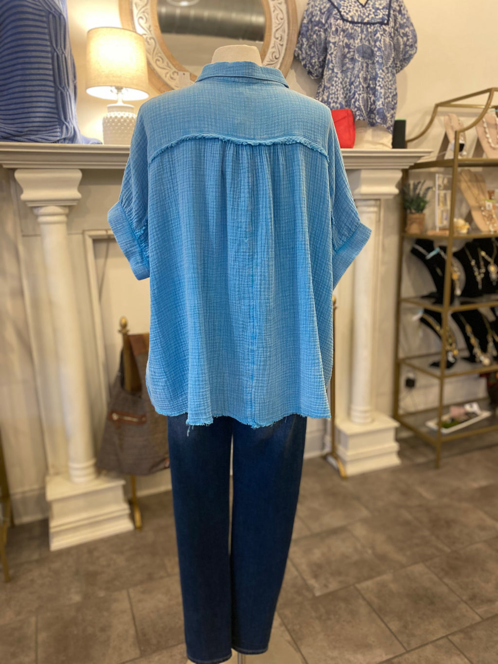 Aqua Washed Gauze Boxy Button Down Top with Fringe