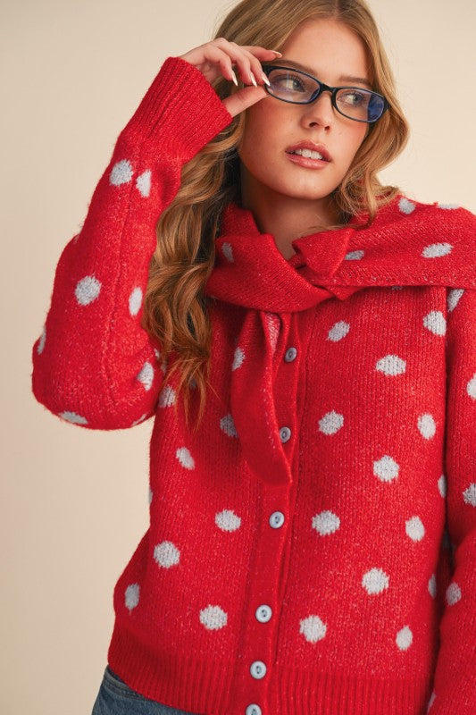 Red and Gray Cardigan with Detachable Collar