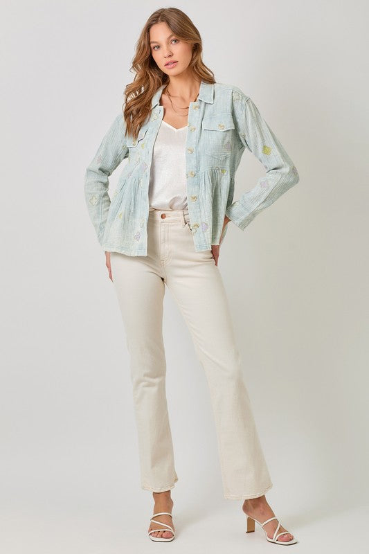 Washed Peplum Jacket with Embroidered detail