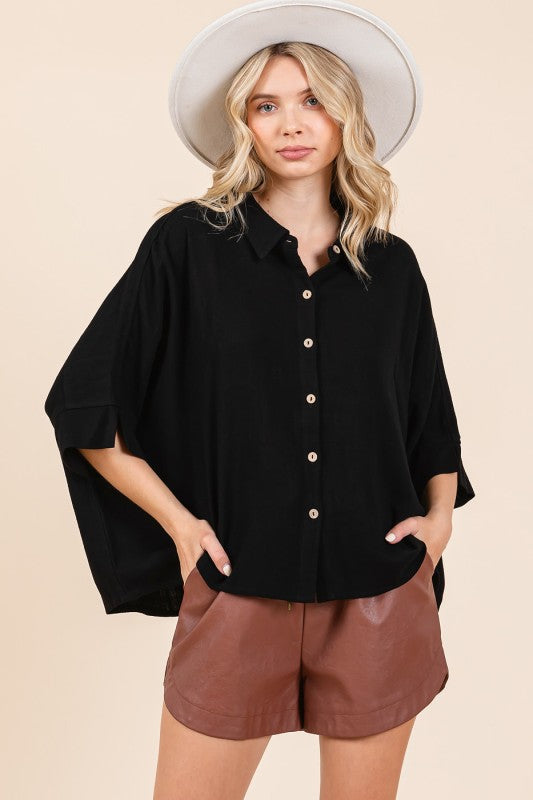 Button Front Elbow Sleeve Top in Black