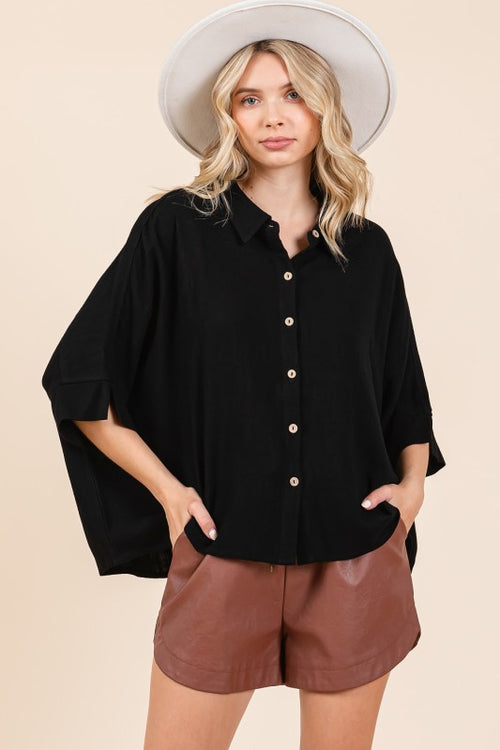 Button Front Elbow Sleeve Top in Black
