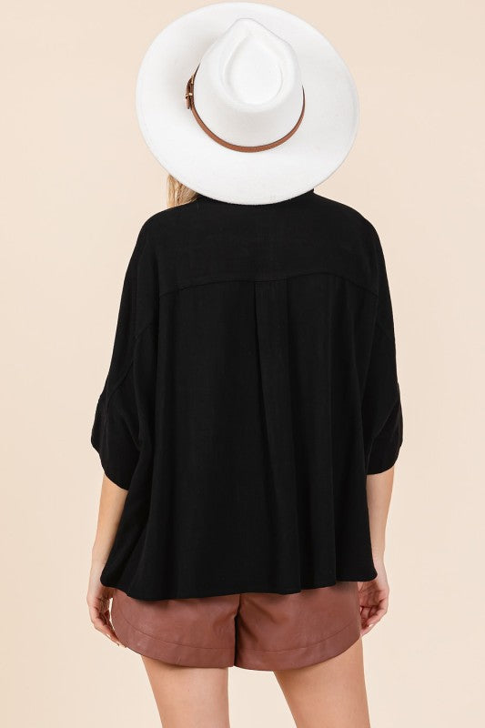 Button Front Elbow Sleeve Top in Black