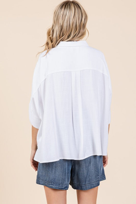 Button Front Elbow Sleeve Top in White