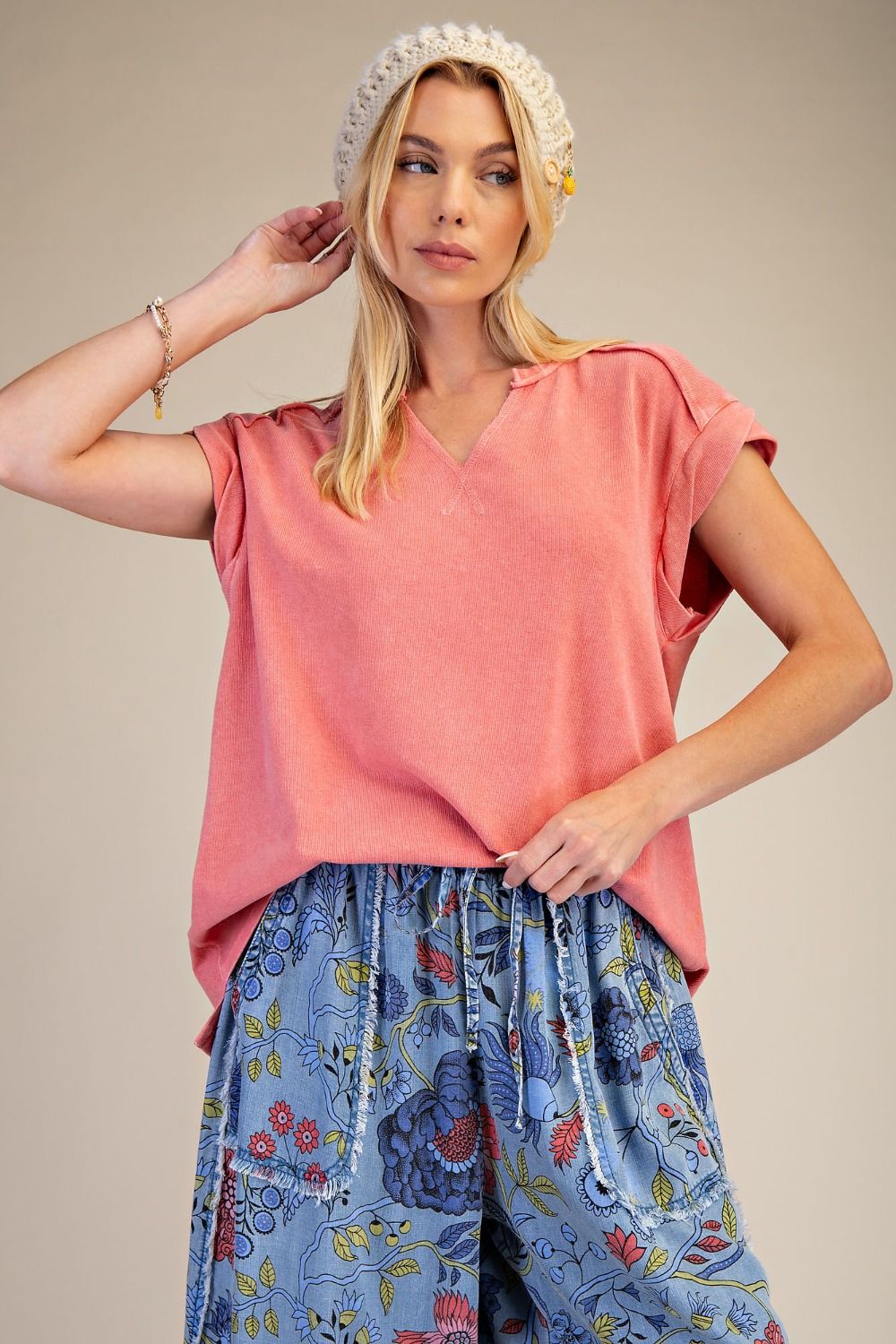Cap Sleeve Mineral Washed Tee in Coral