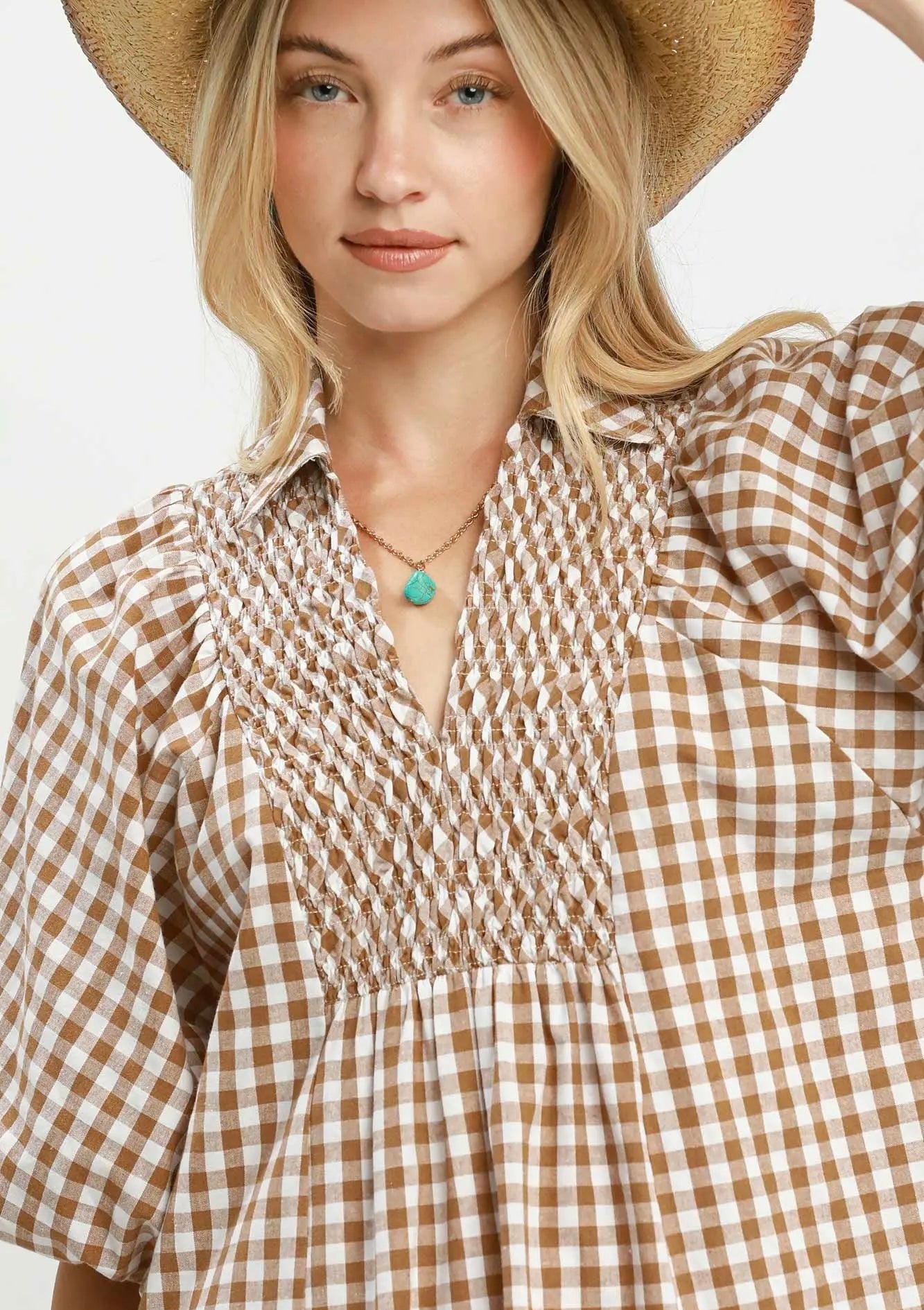 Gingham Smocked Dress in Brown