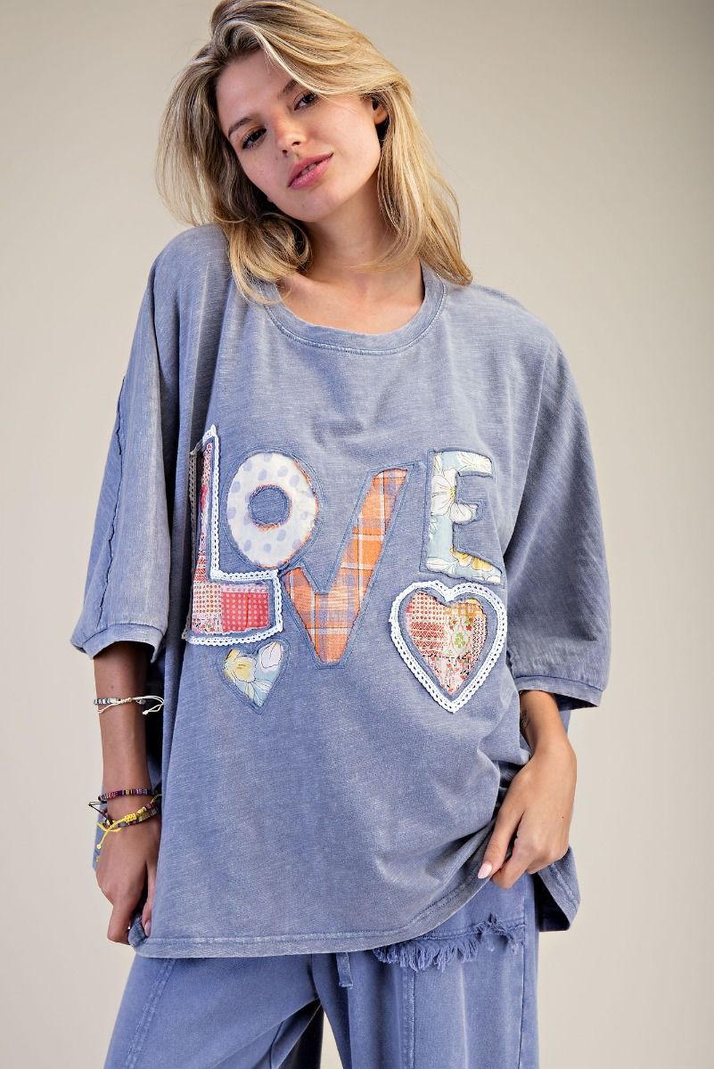 Faded Denim LOVE Patch Front knit oversized Top