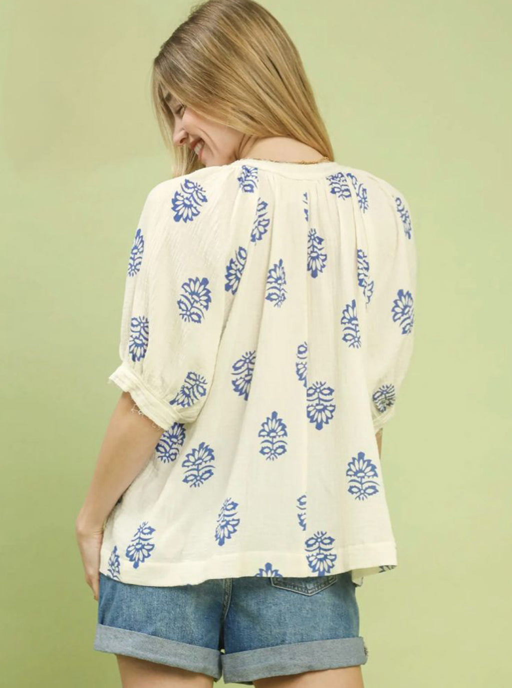 Floral Print Gauze Top with Lace Trim and Front Tie