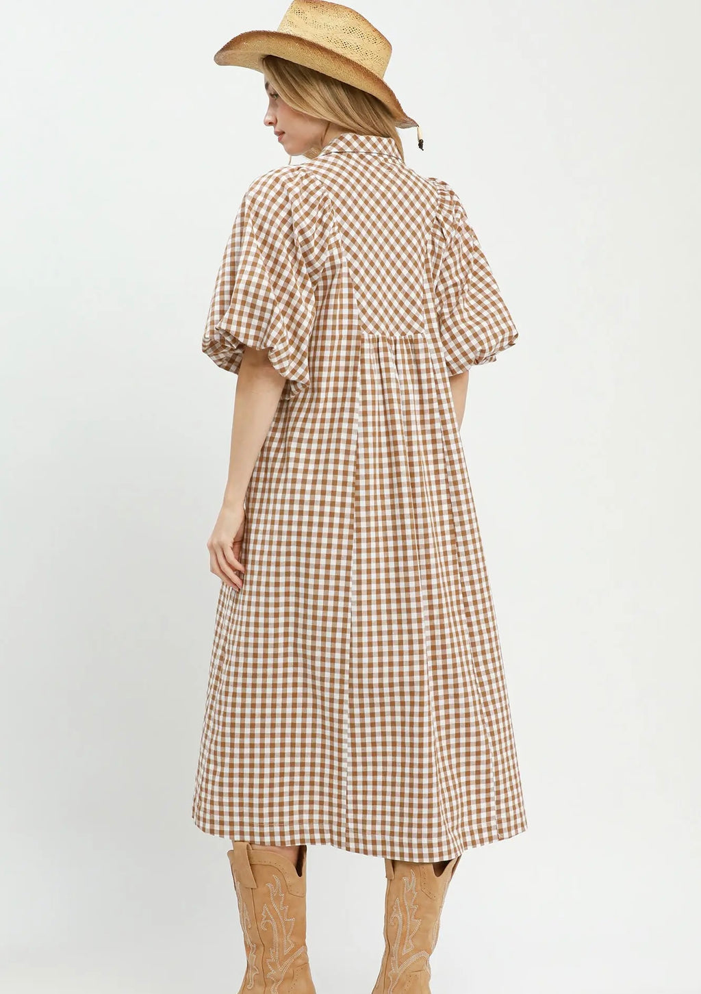 Gingham Smocked Dress in Brown