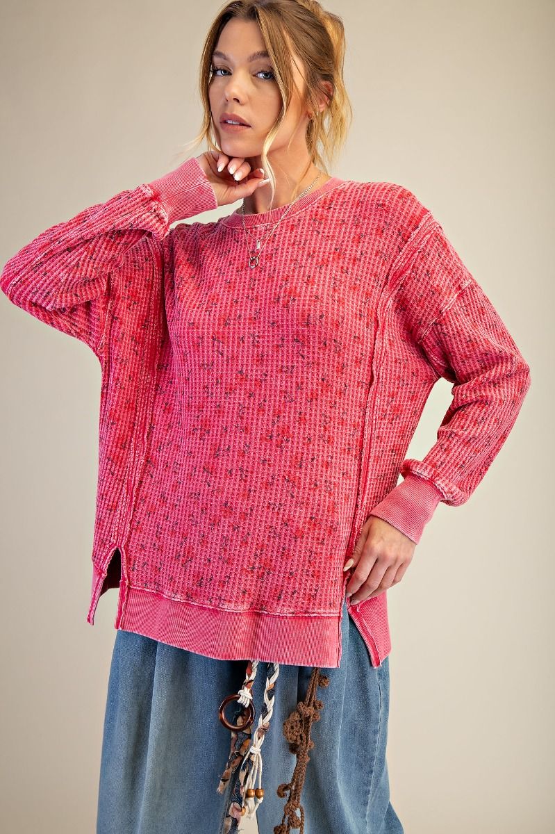 Pink Thermal Relaxed Fit Pullover Top with flowers