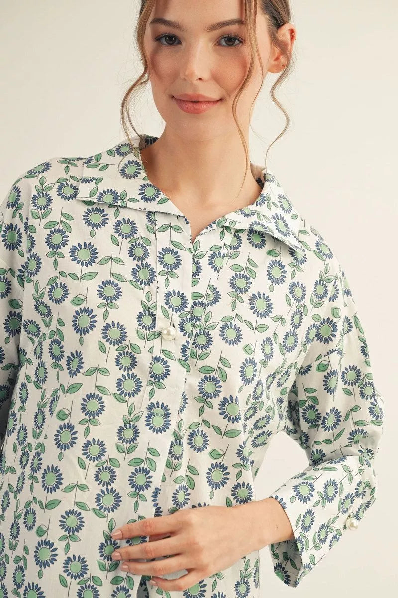Blue Floral Pullover Top