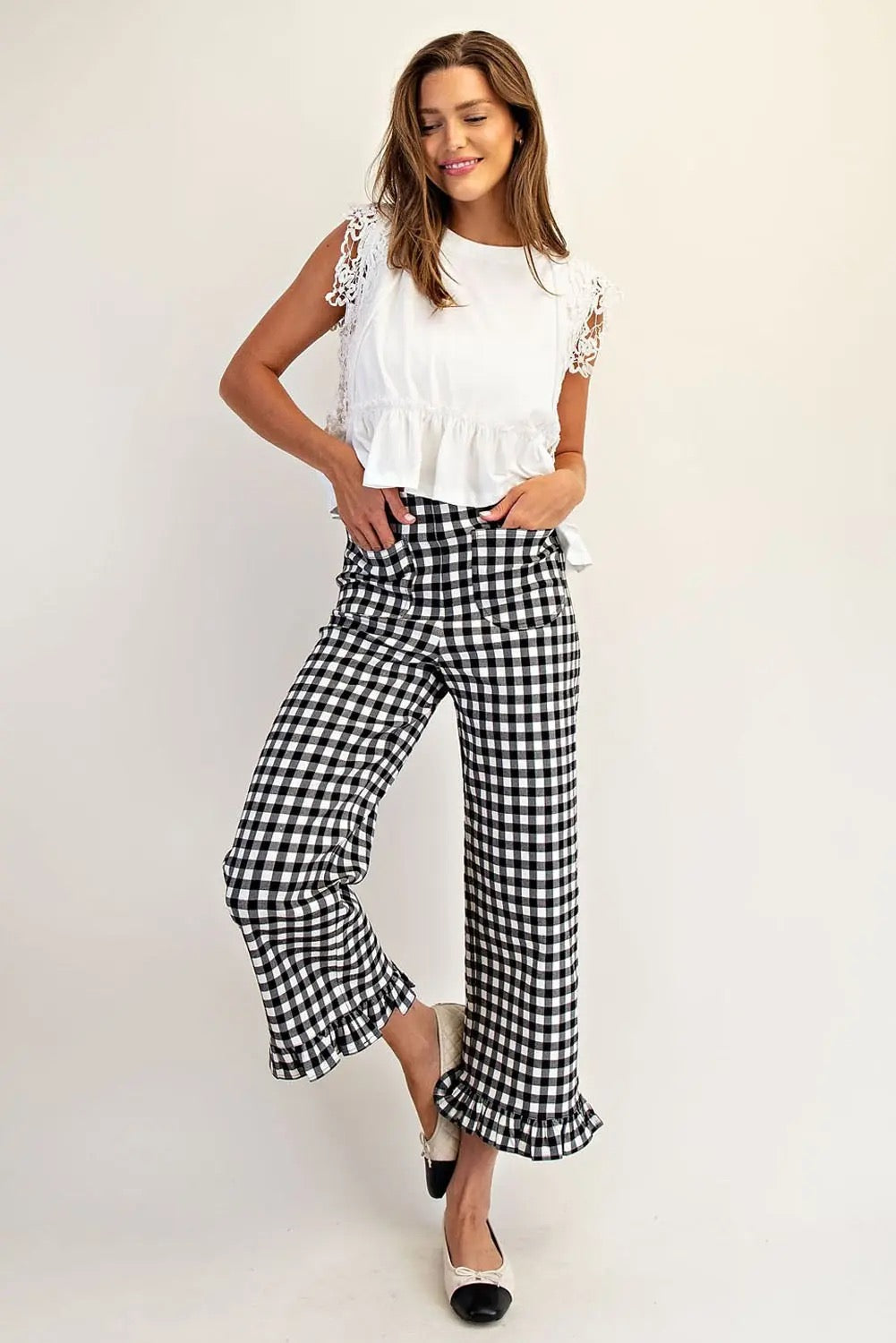 Gingham Ruffle Trim Cropped Straight Leg Pants