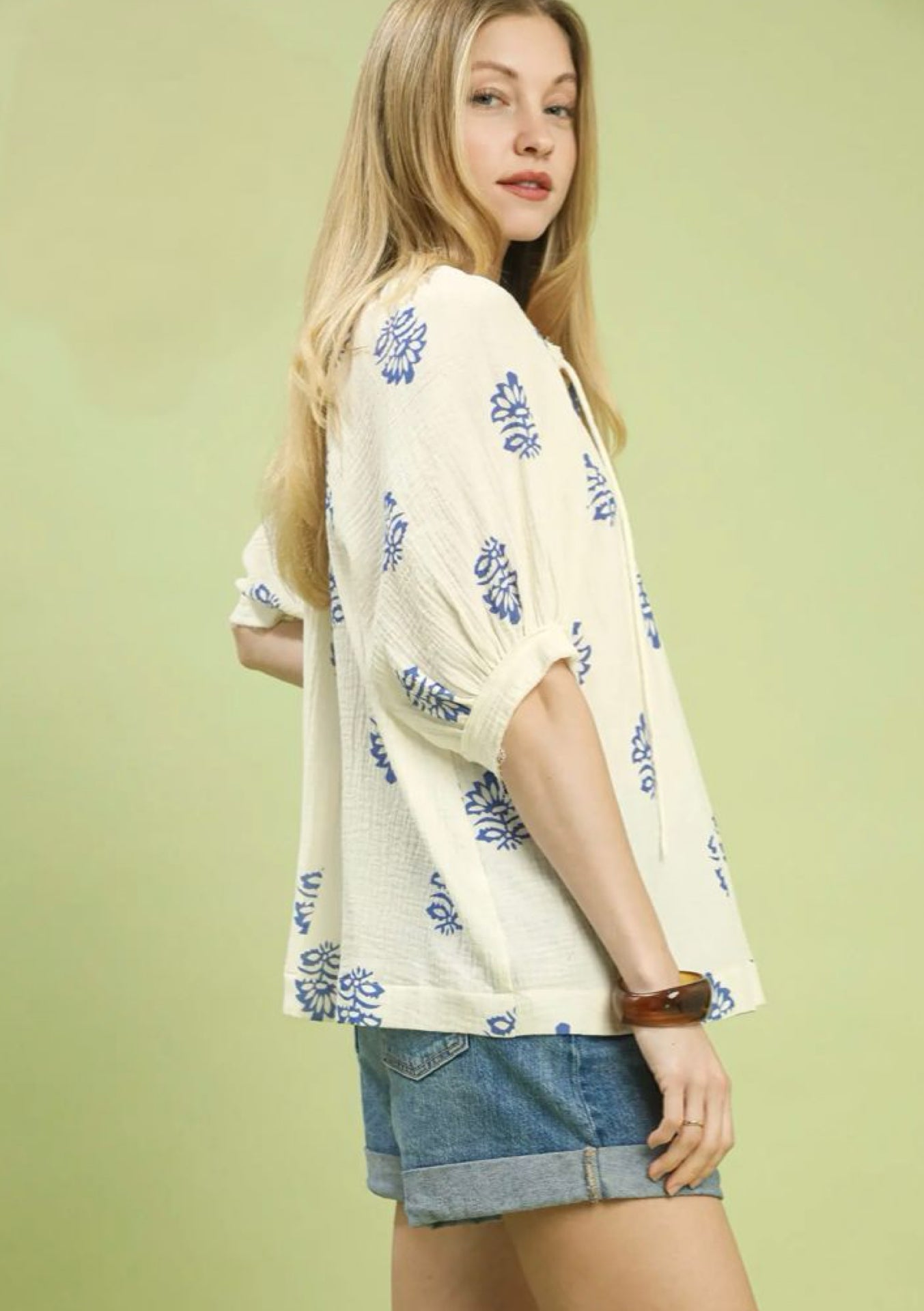 Floral Print Gauze Top with Lace Trim and Front Tie