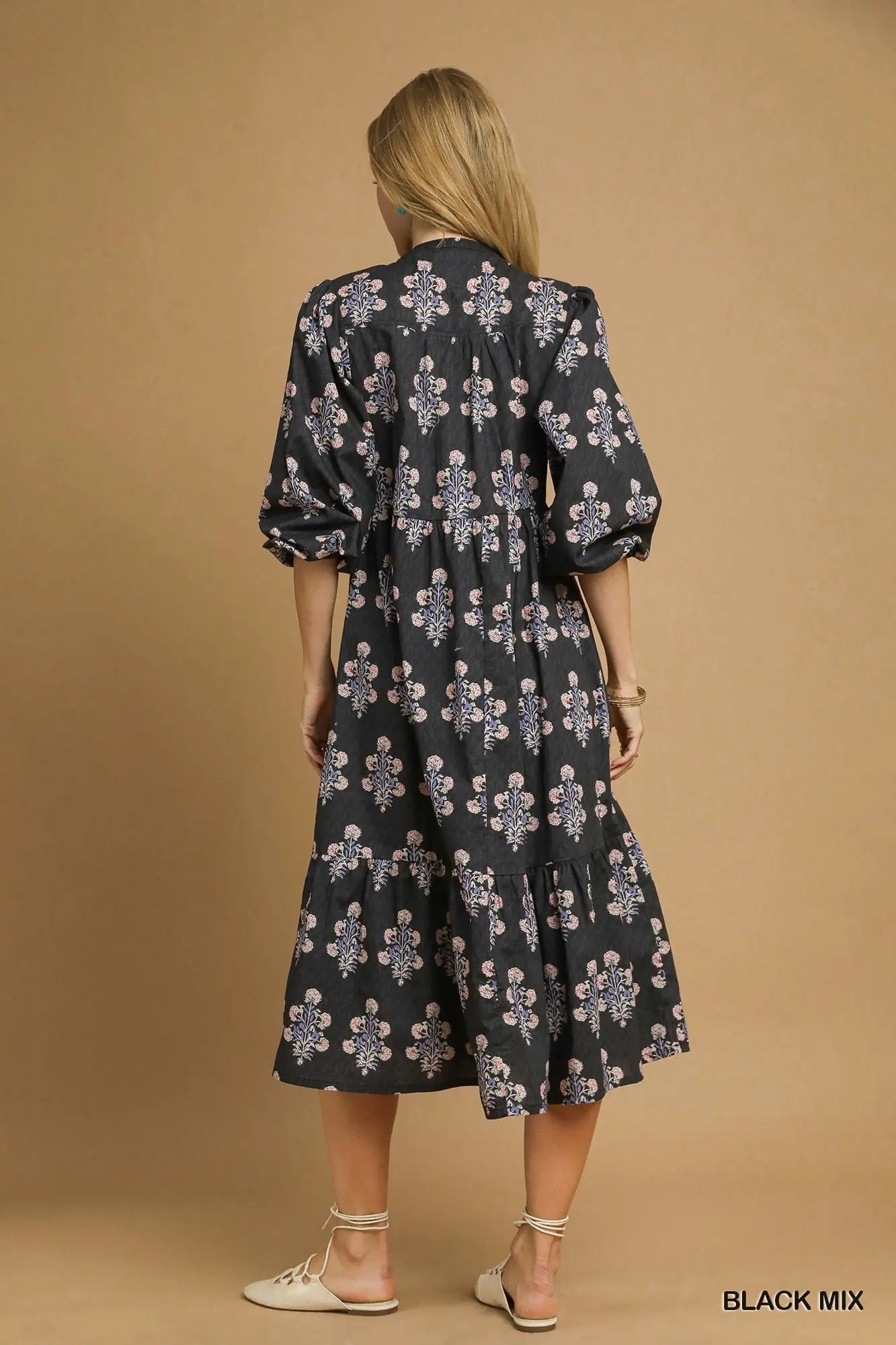 Floral Print Tiered Midi Dress in Navy with Soft Pink Flowers