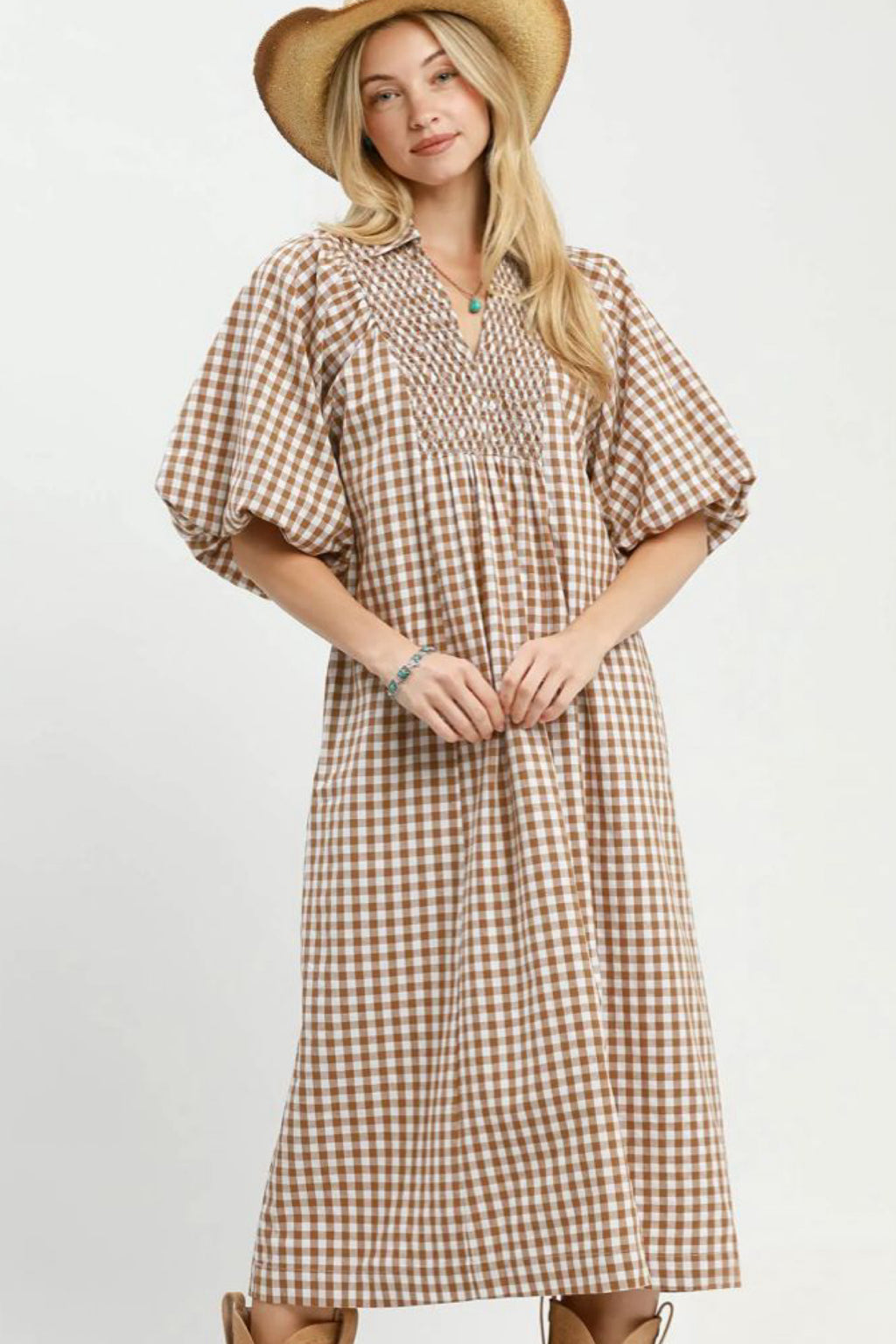 Gingham Smocked Dress in Brown