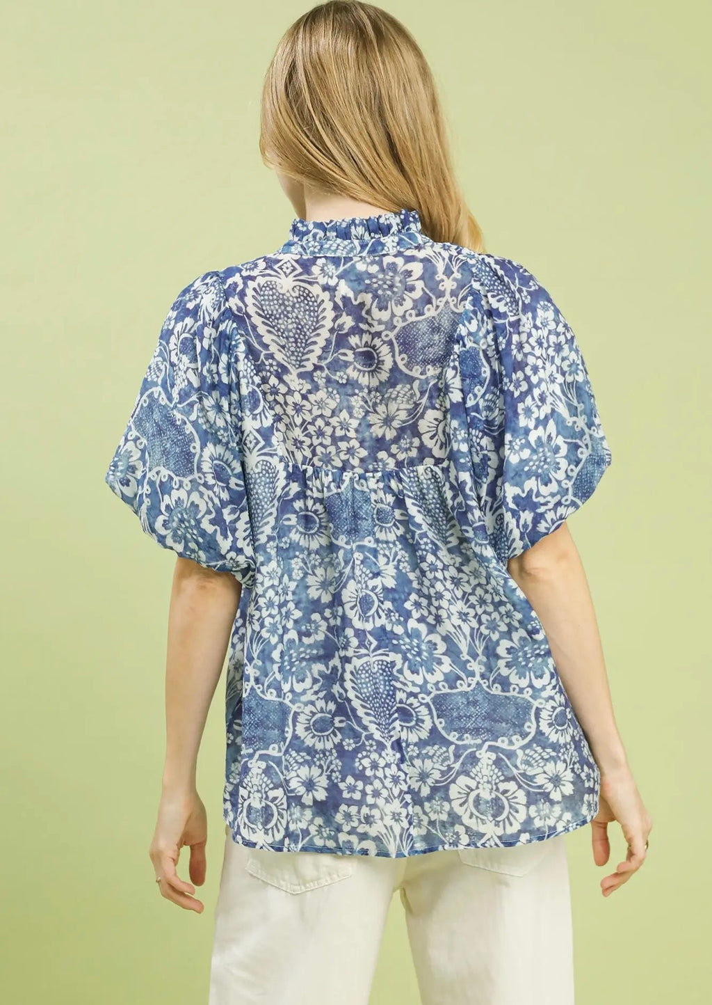 Blue And White Mixed Print Blouse