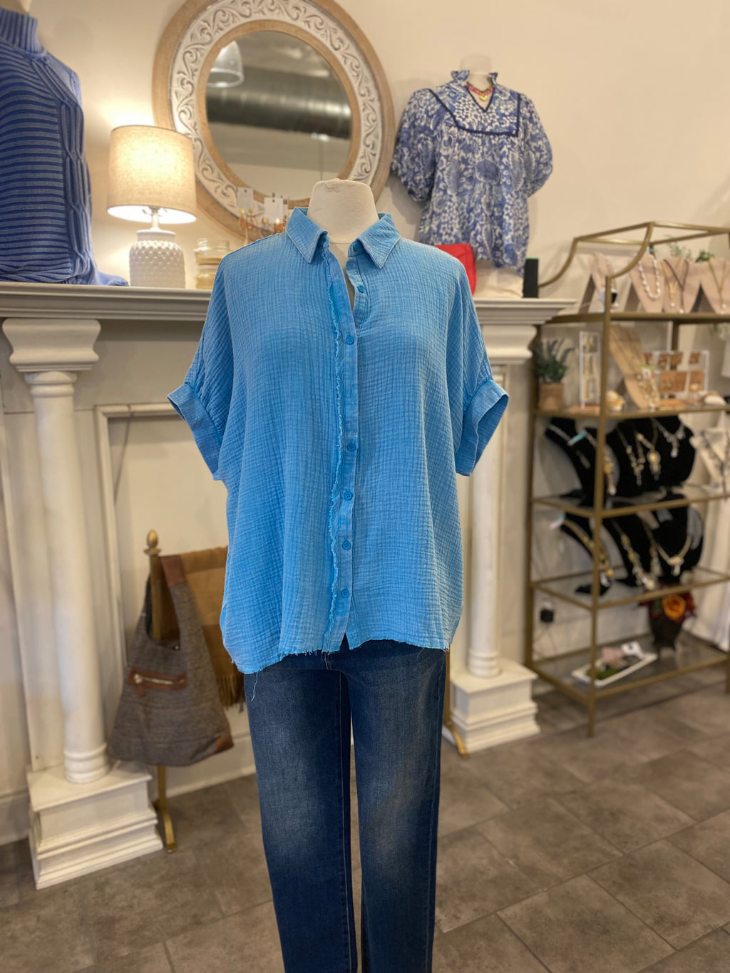 Aqua Washed Gauze Boxy Button Down Top with Fringe