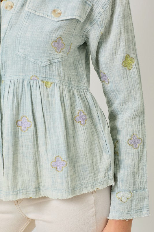 Washed Peplum Jacket with Embroidered detail