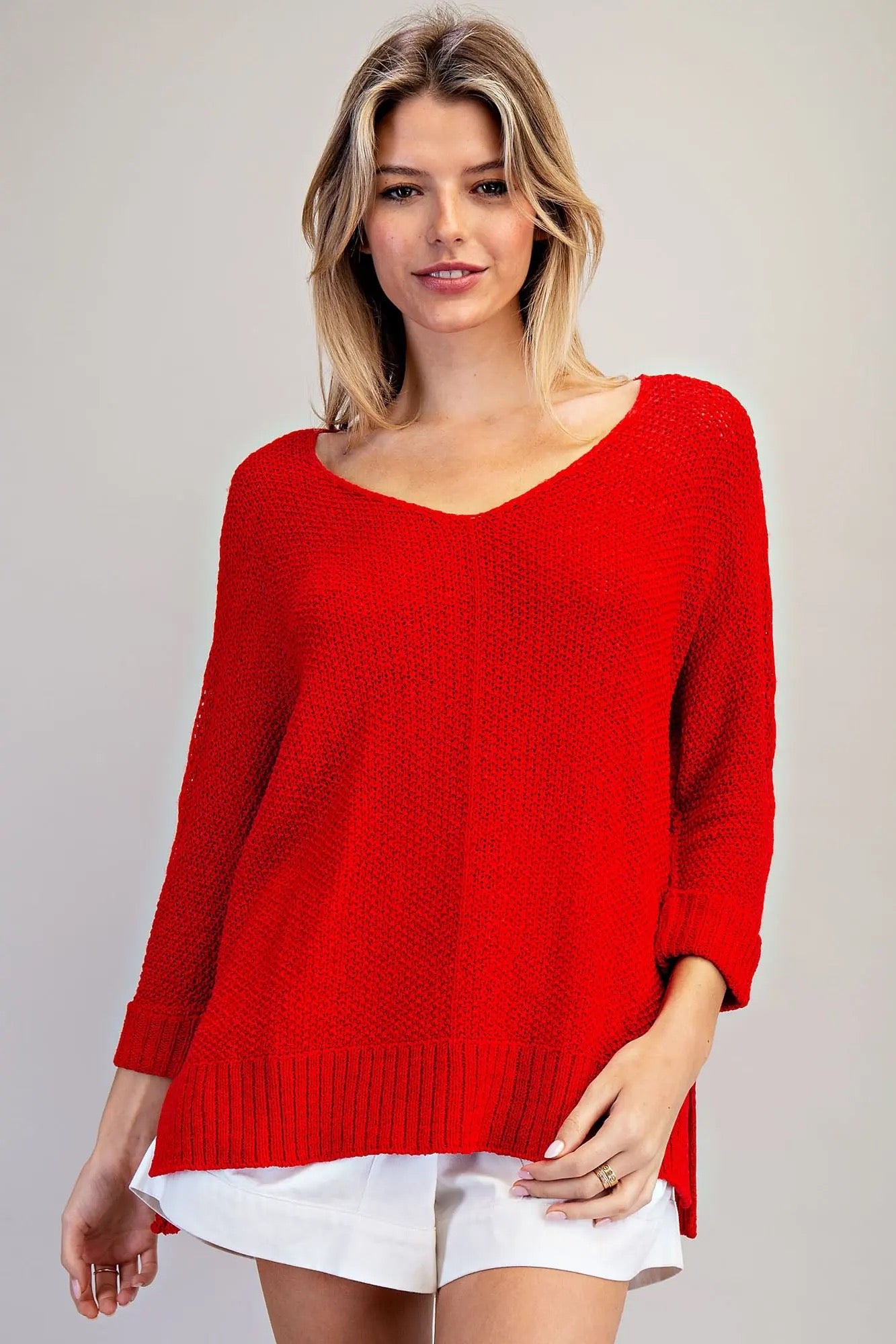 Red Loose Weave Pullover V-Neck sweater
