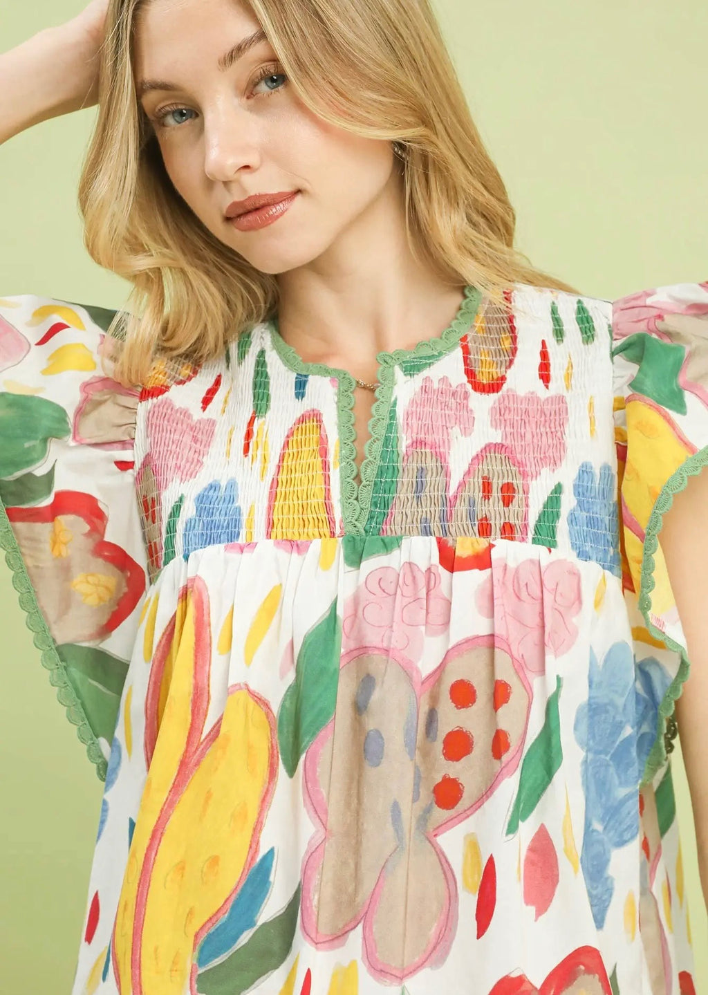 Floral Print Flutter Sleeve Notch Neck Top