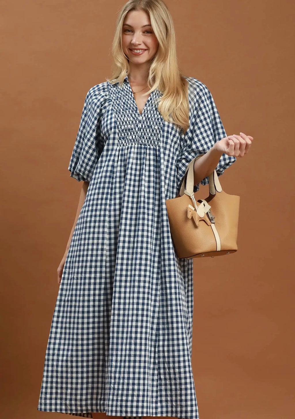 Gingham Smocked Dress in Blue
