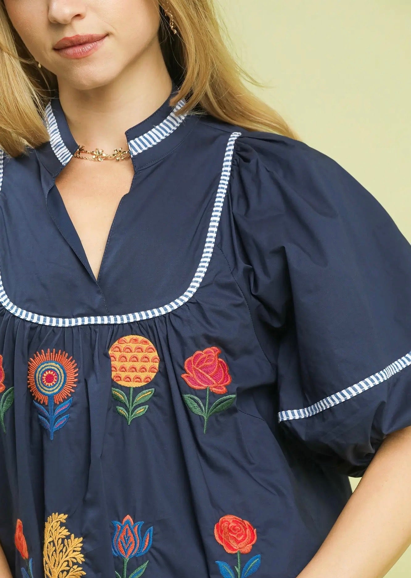 Navy Blouse with Embroidered Flowers