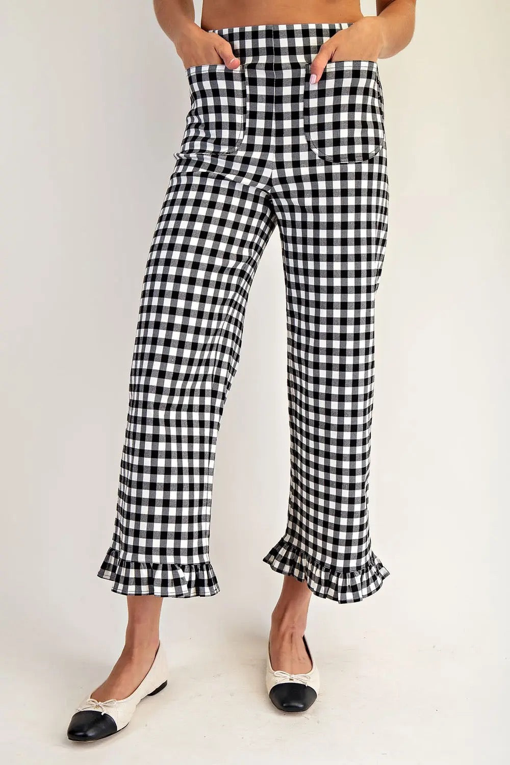 Gingham Ruffle Trim Cropped Straight Leg Pants