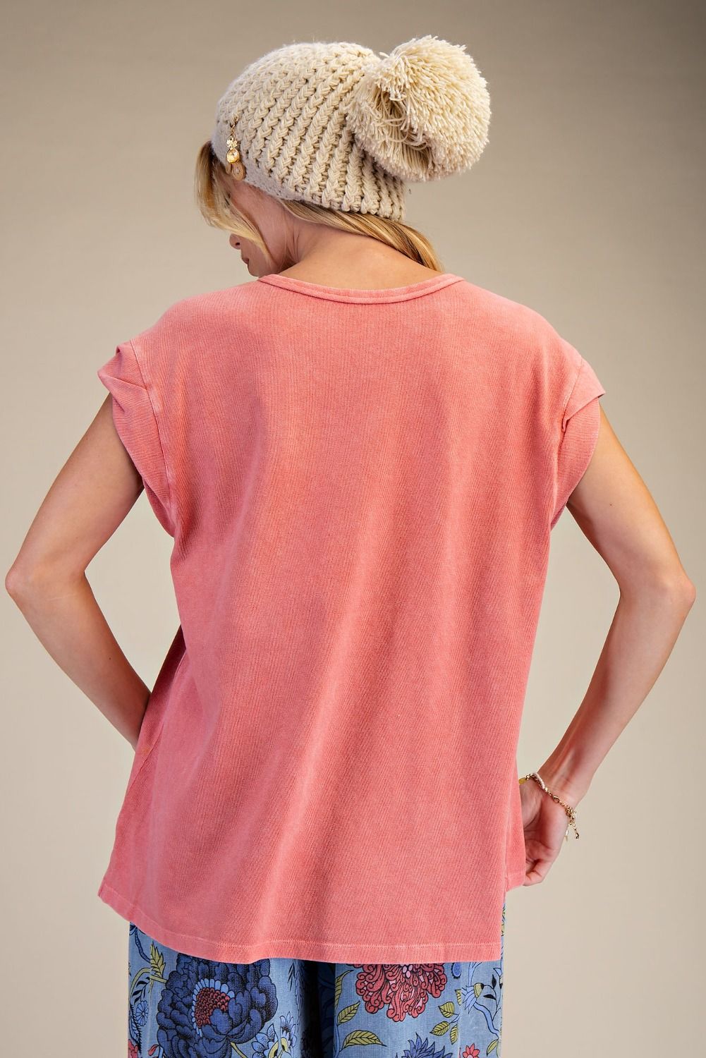 Cap Sleeve Mineral Washed Tee in Coral