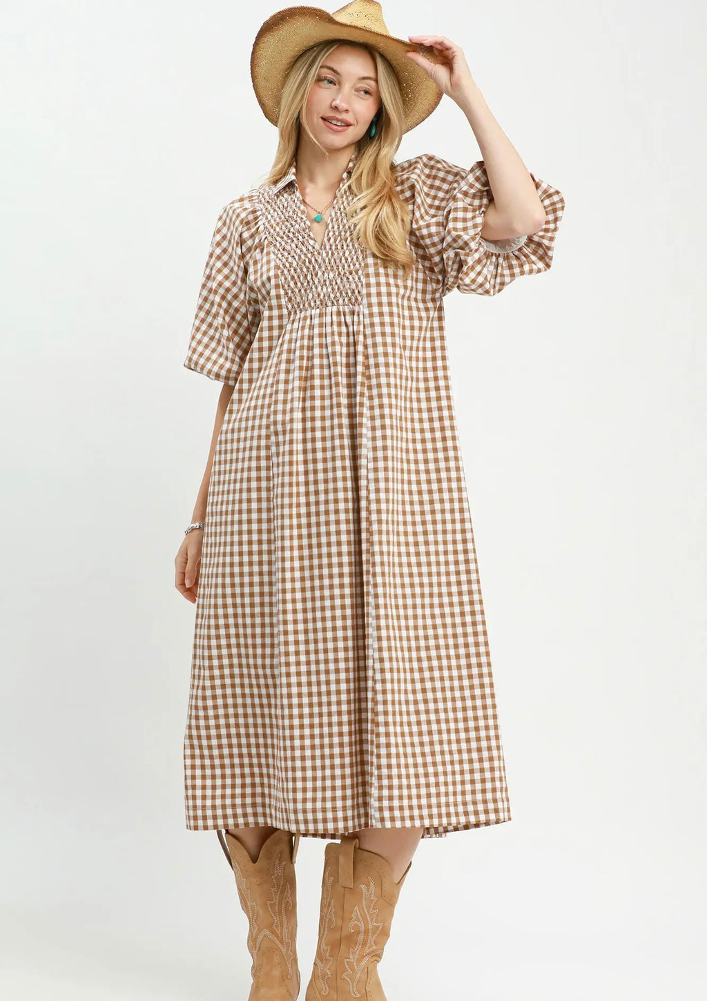 Gingham Smocked Dress in Brown