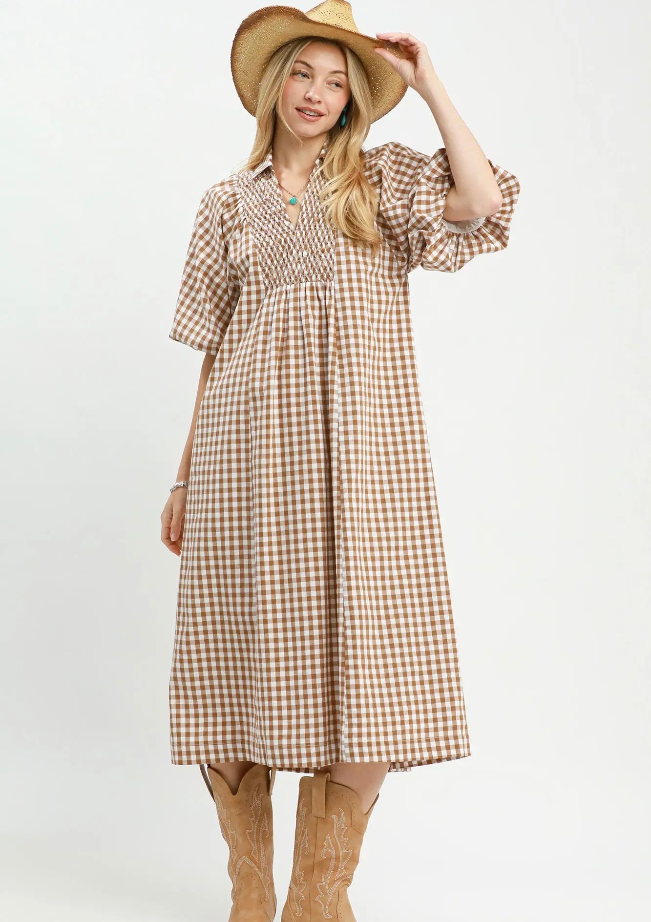 Gingham Smocked Dress in Brown