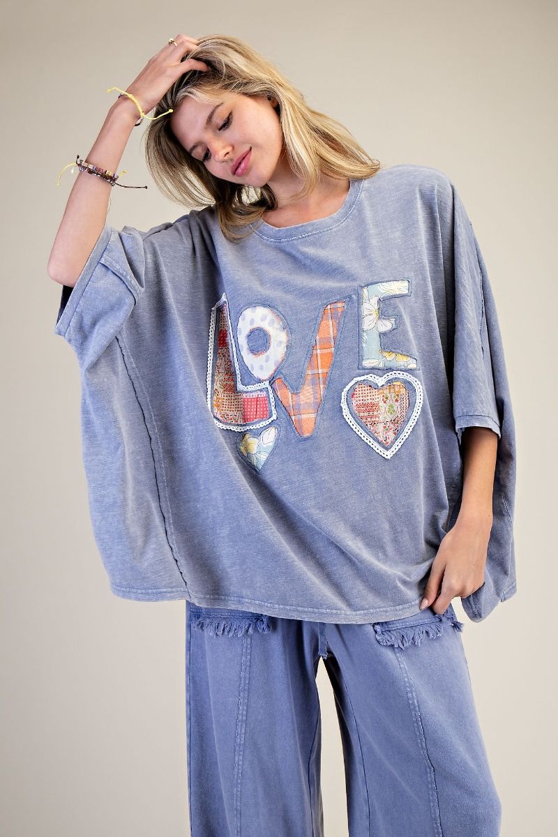 Faded Denim LOVE Patch Front knit oversized Top