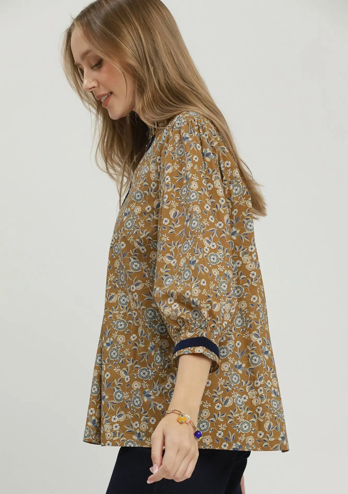 Umgee Navy Trim Floral Top
