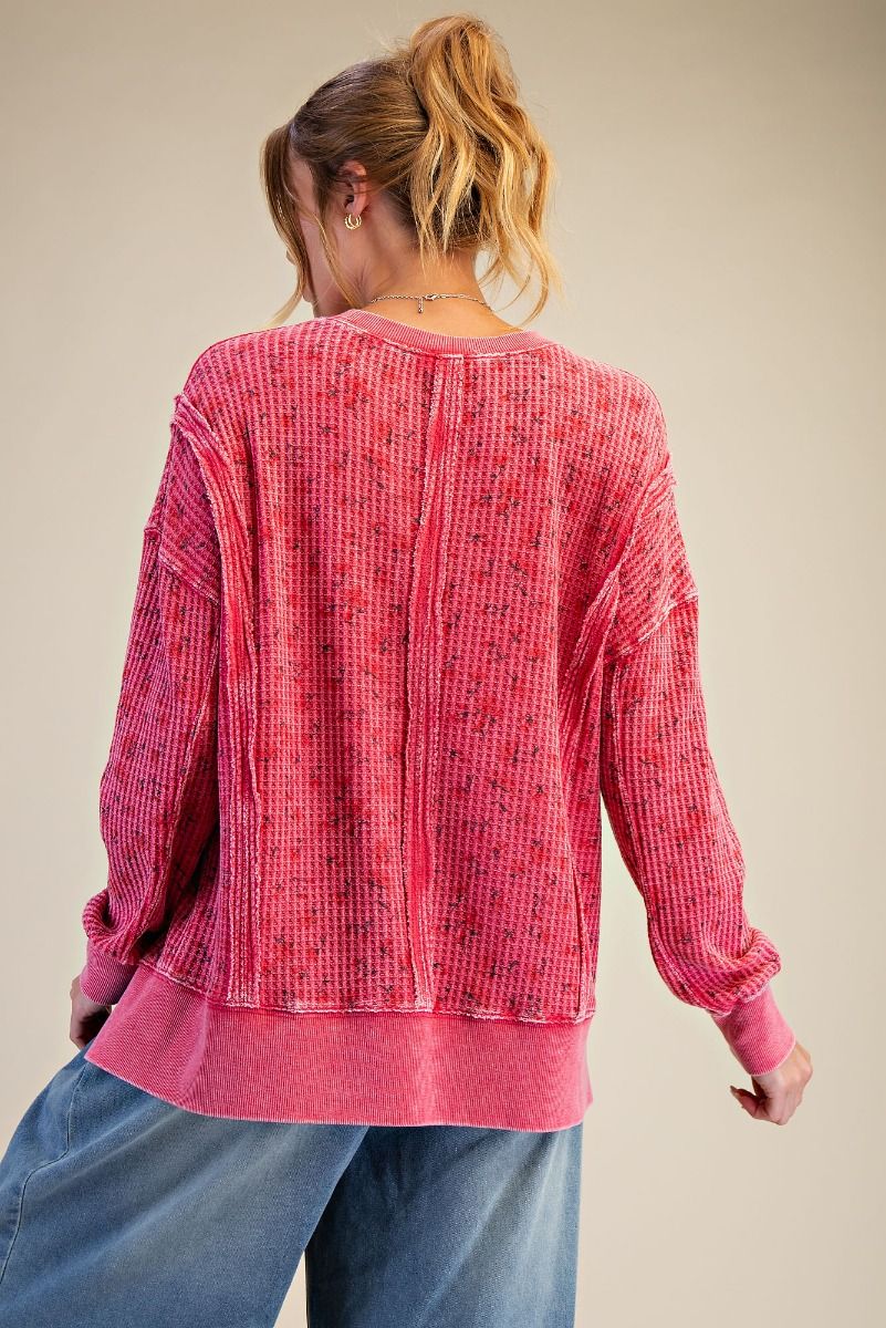 Pink Thermal Relaxed Fit Pullover Top with flowers