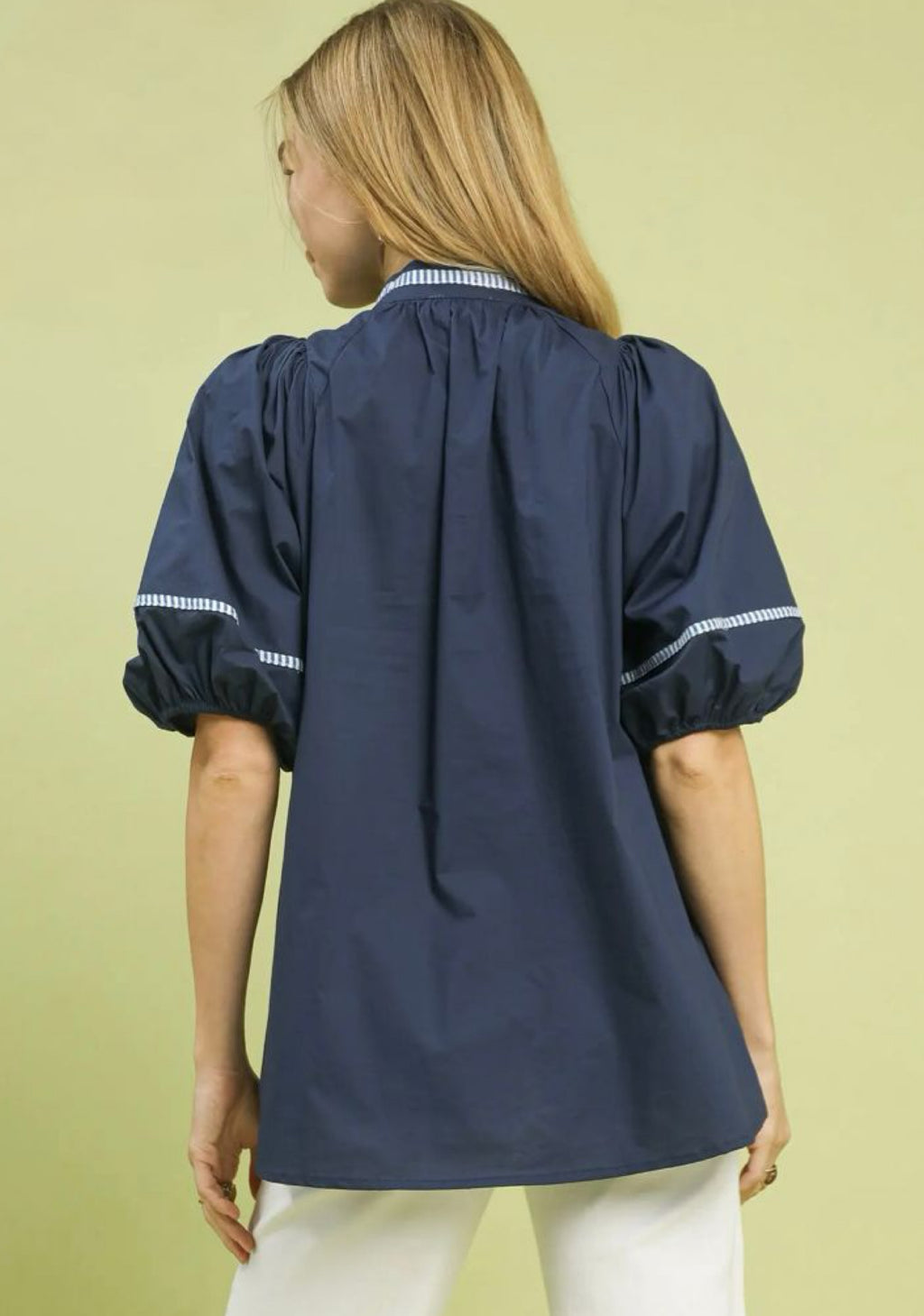 Navy Blouse with Embroidered Flowers