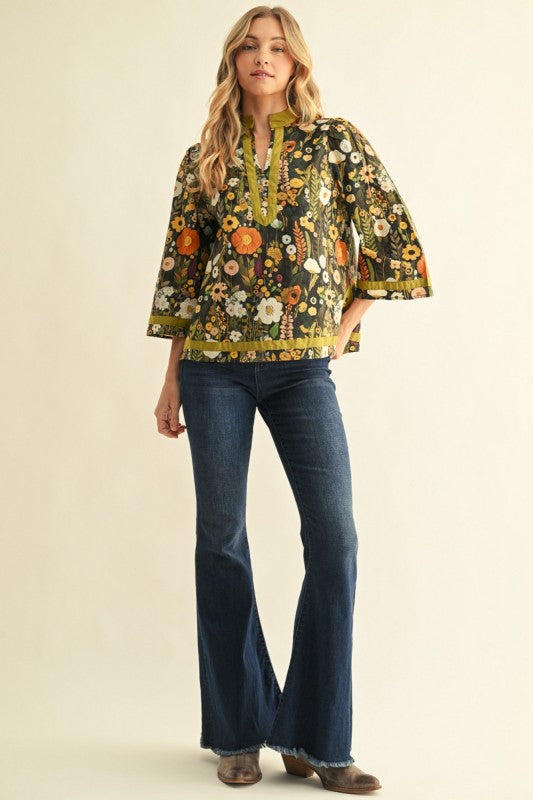 Fall Floral Notch Neck Top
