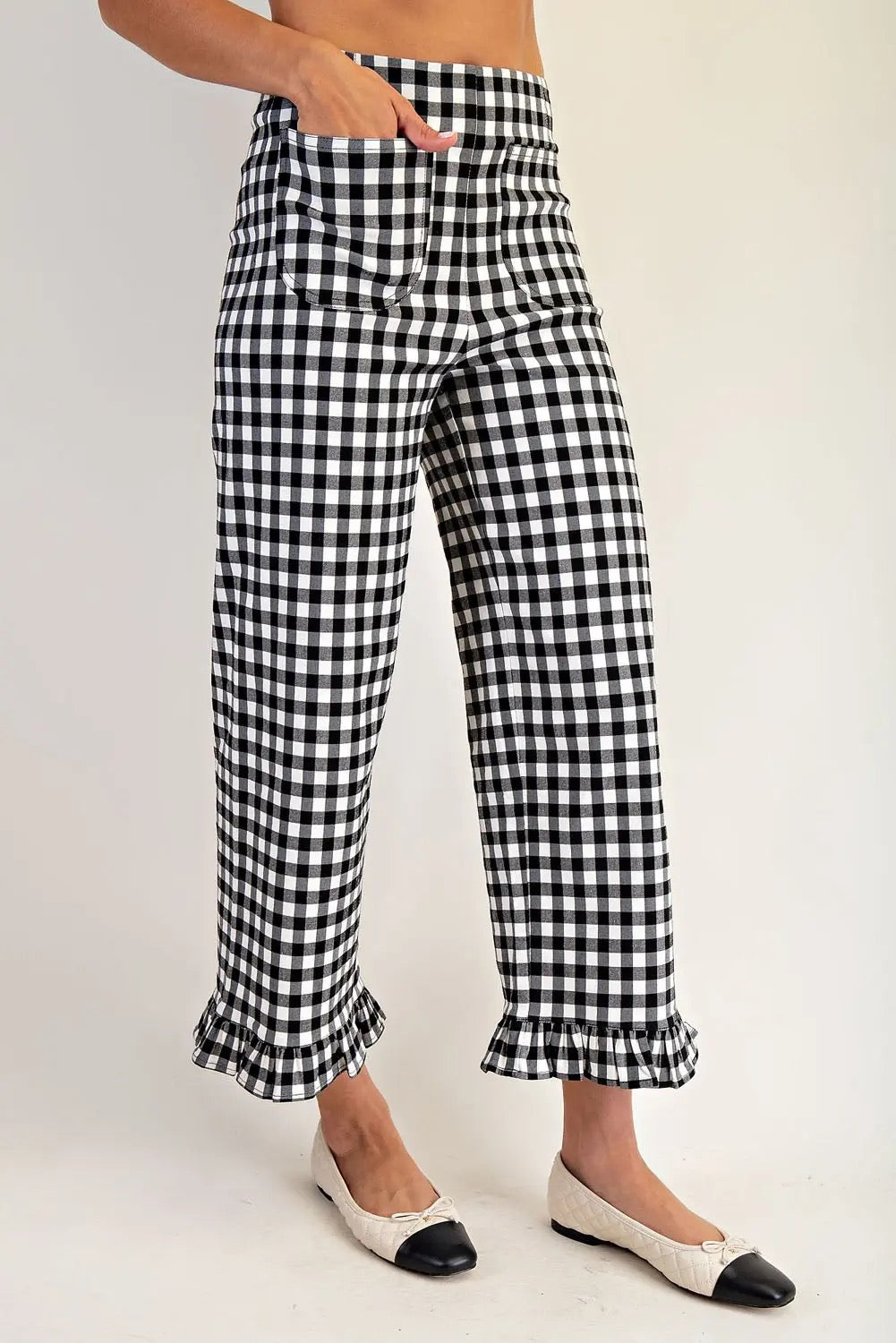 Gingham Ruffle Trim Cropped Straight Leg Pants