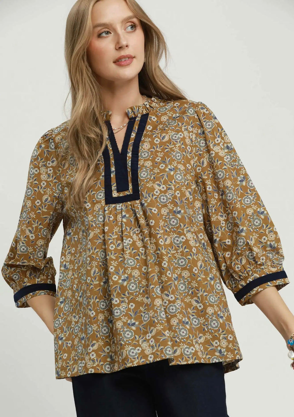 Umgee Navy Trim Floral Top