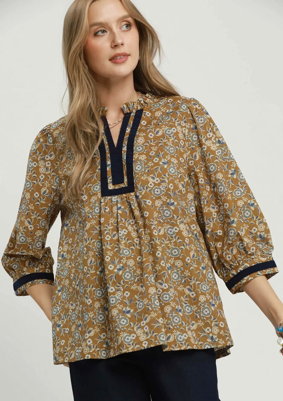 Umgee Navy Trim Floral Top