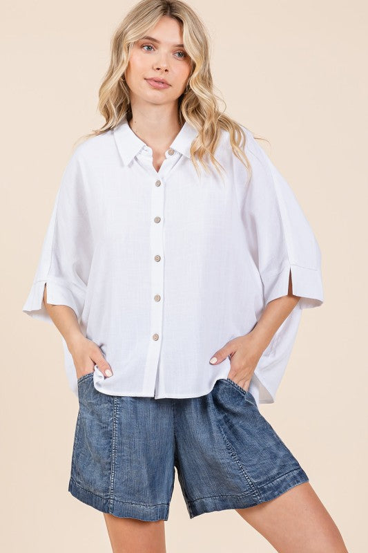 Button Front Elbow Sleeve Top in White