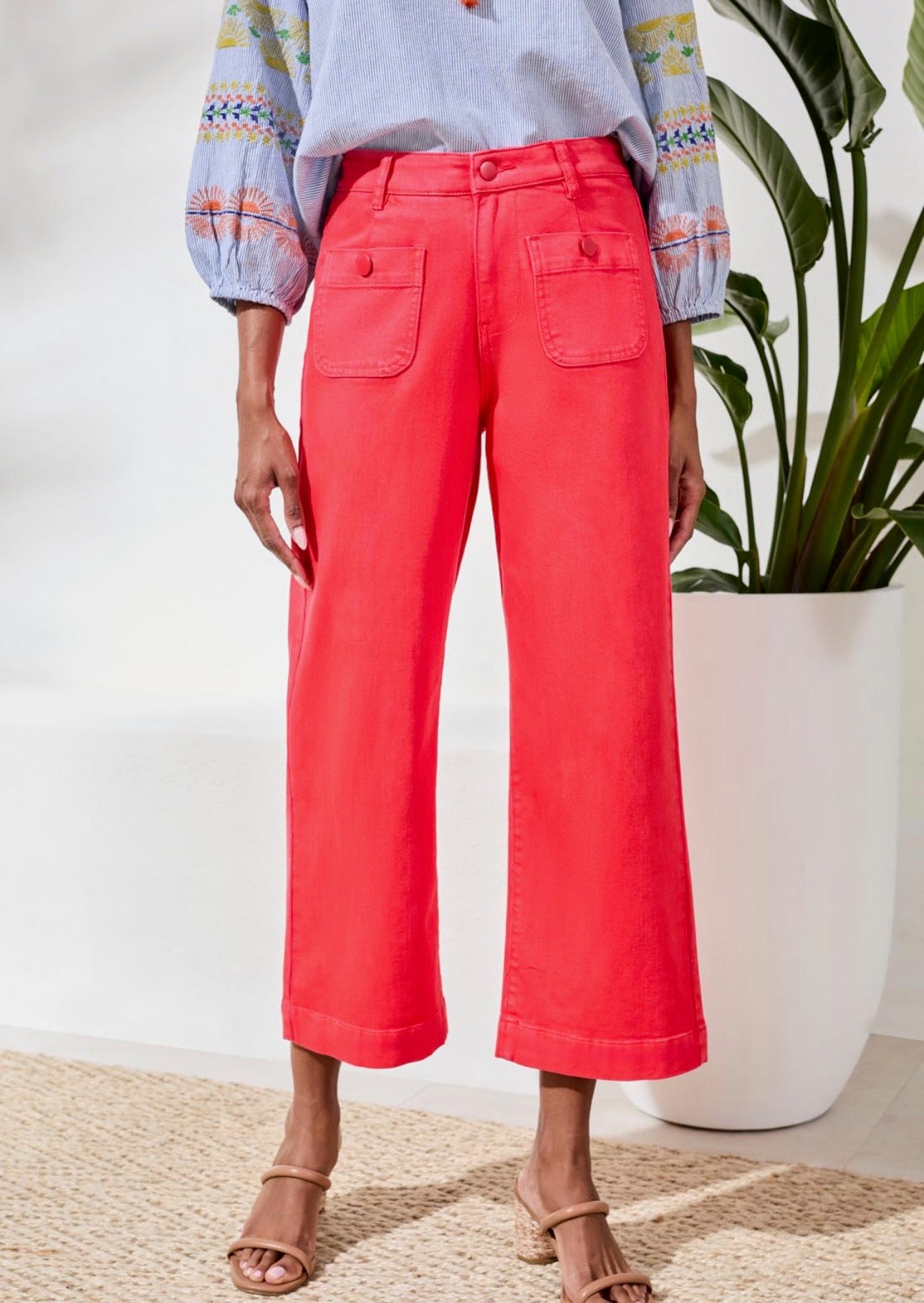Tribal Sophia Hugging Crop Palazzo Denim pant in Coral