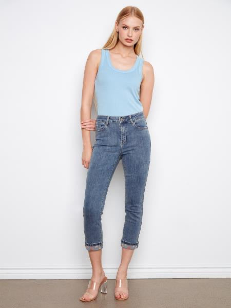 Charlie B Denim Slim Leg Pants With Embroidered Cuff