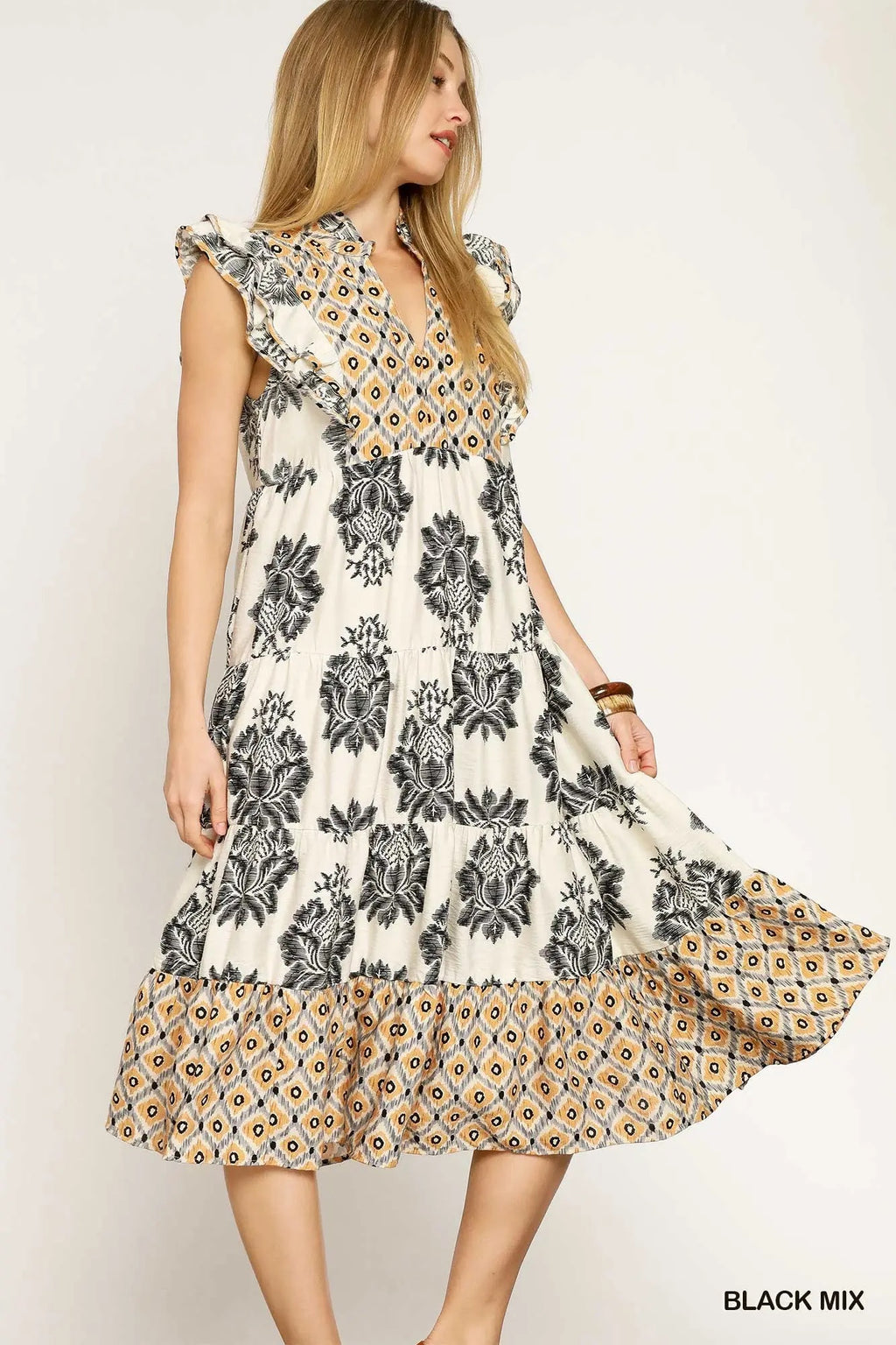 Mixed Print Ruffle Sleeve Midi Dress