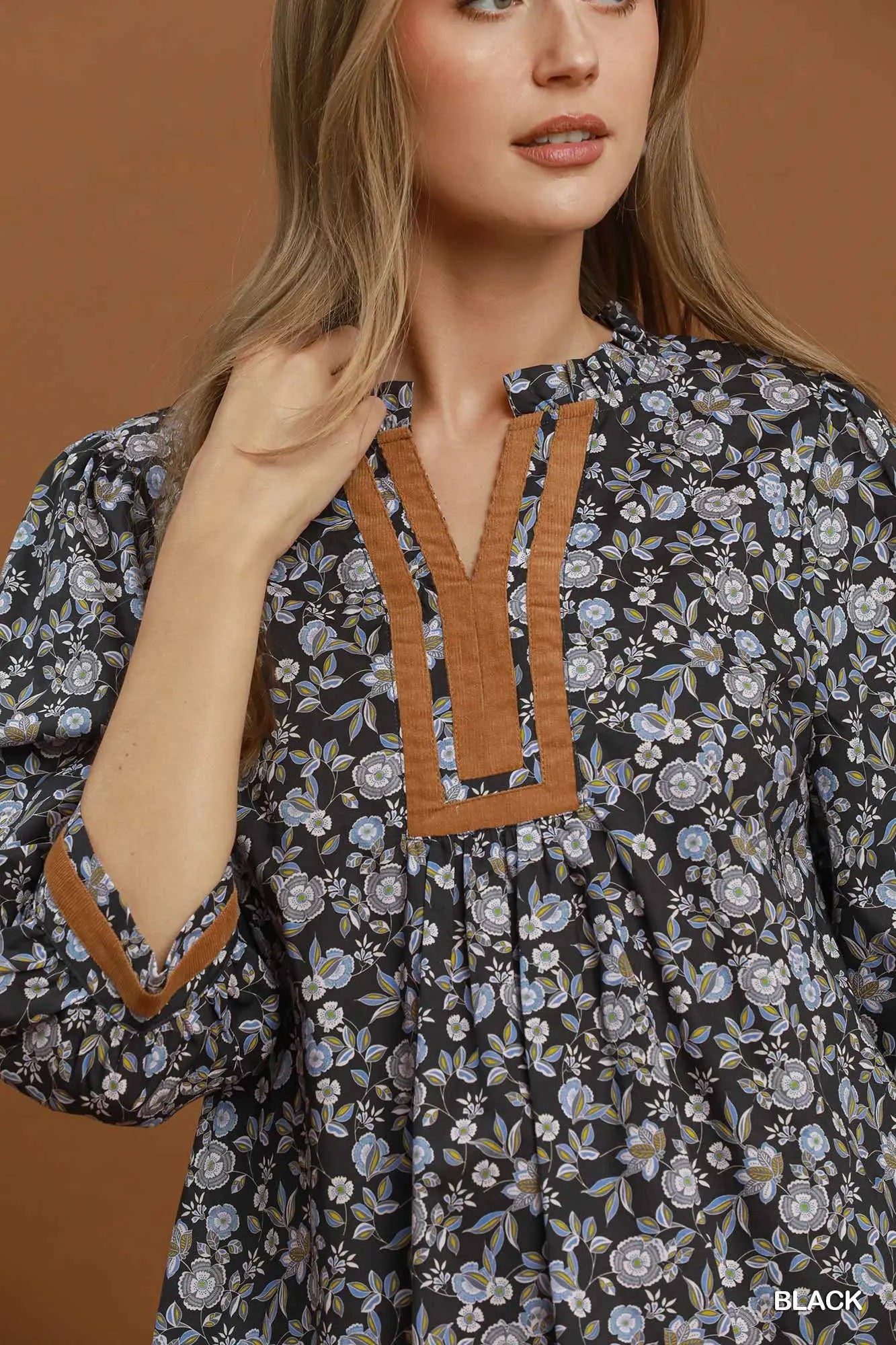 Floral Corduroy Trim Top