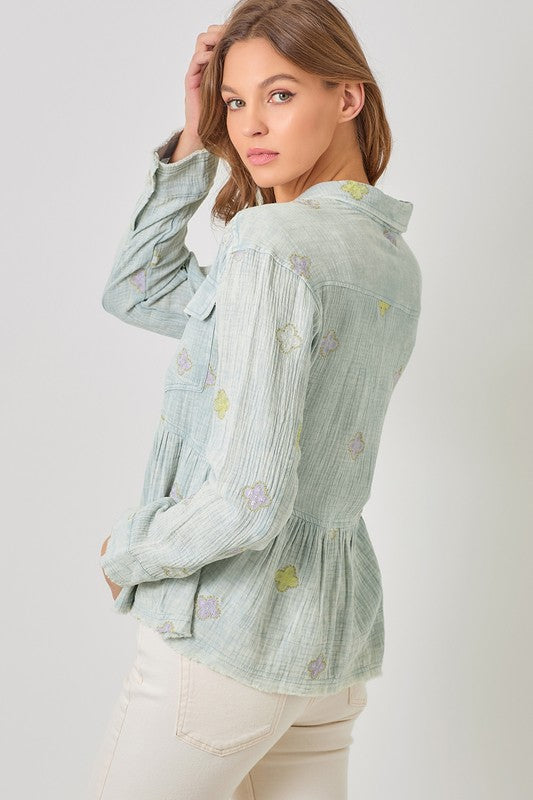 Washed Peplum Jacket with Embroidered detail