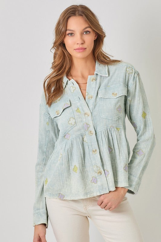 Washed Peplum Jacket with Embroidered detail