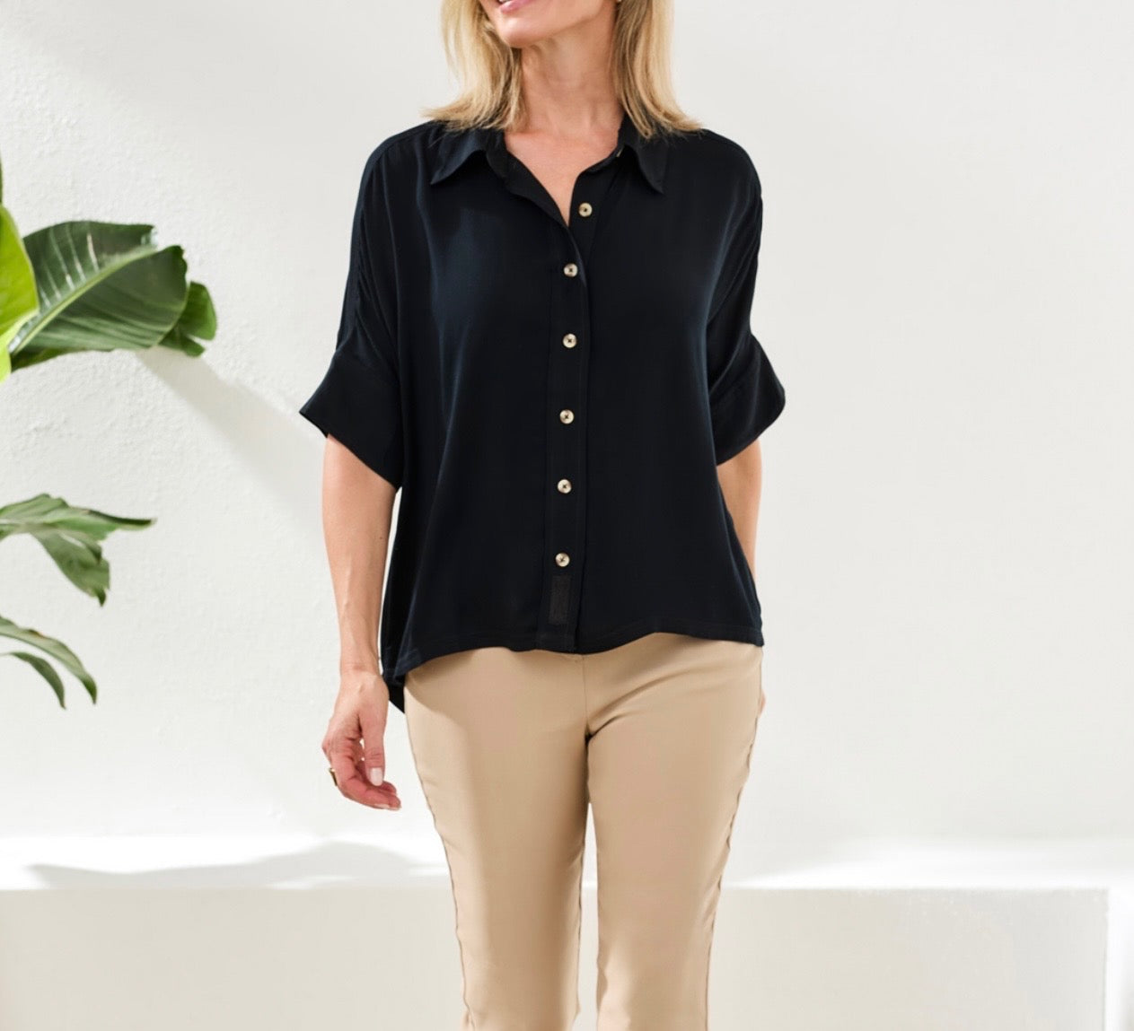 Tribal Elbow Sleeve Button Front Blouse in Black